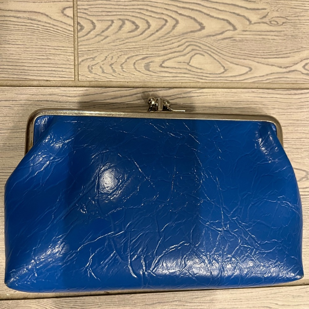 1960s Vintage Royal Blue Leather Double Kiss-lock Clutch